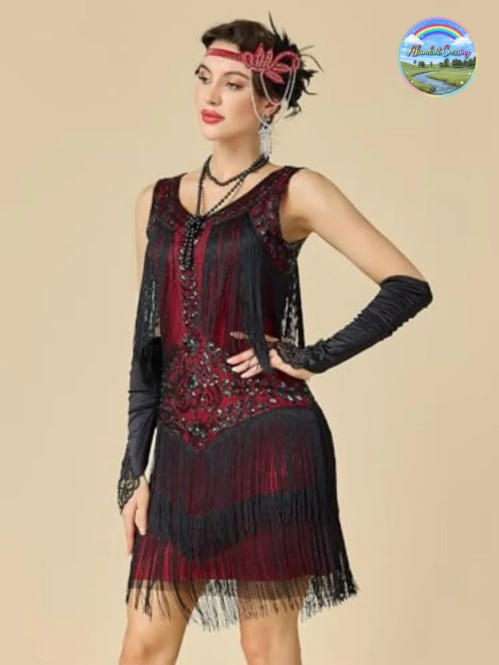 1920s Flapper Dress Set Lace V Neck Fringed Roaring 20s Costume